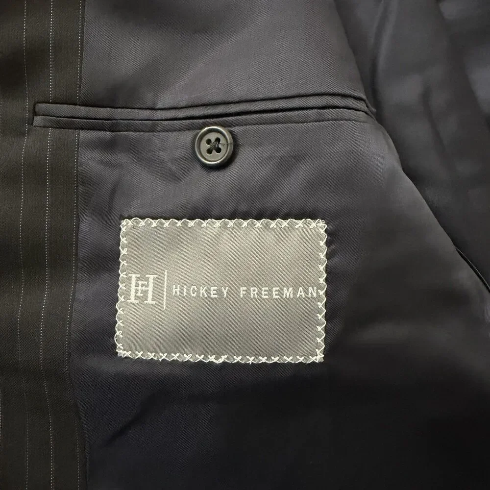 Hickey Freeman Loro Piana Super 130s Wool Blazer 46L Black Pinstripe Tasmanian